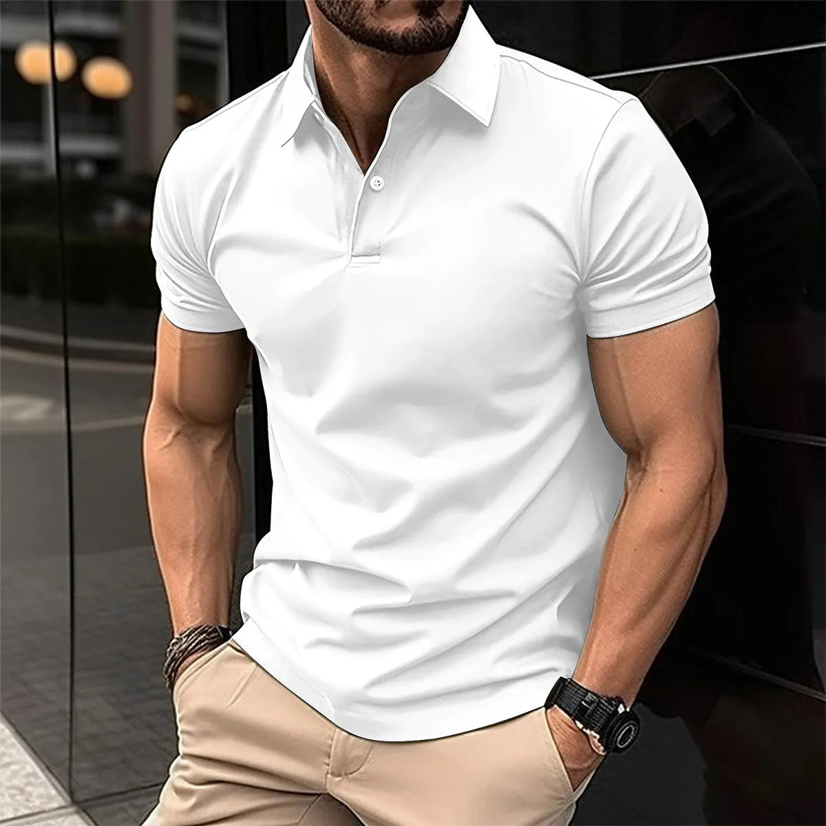 Men's solid colour short sleeve polo shirt with button collar in cotton mix fabric