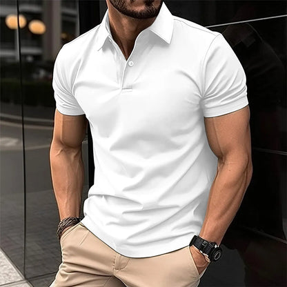 Men's solid colour short sleeve polo shirt with button collar in cotton mix fabric
