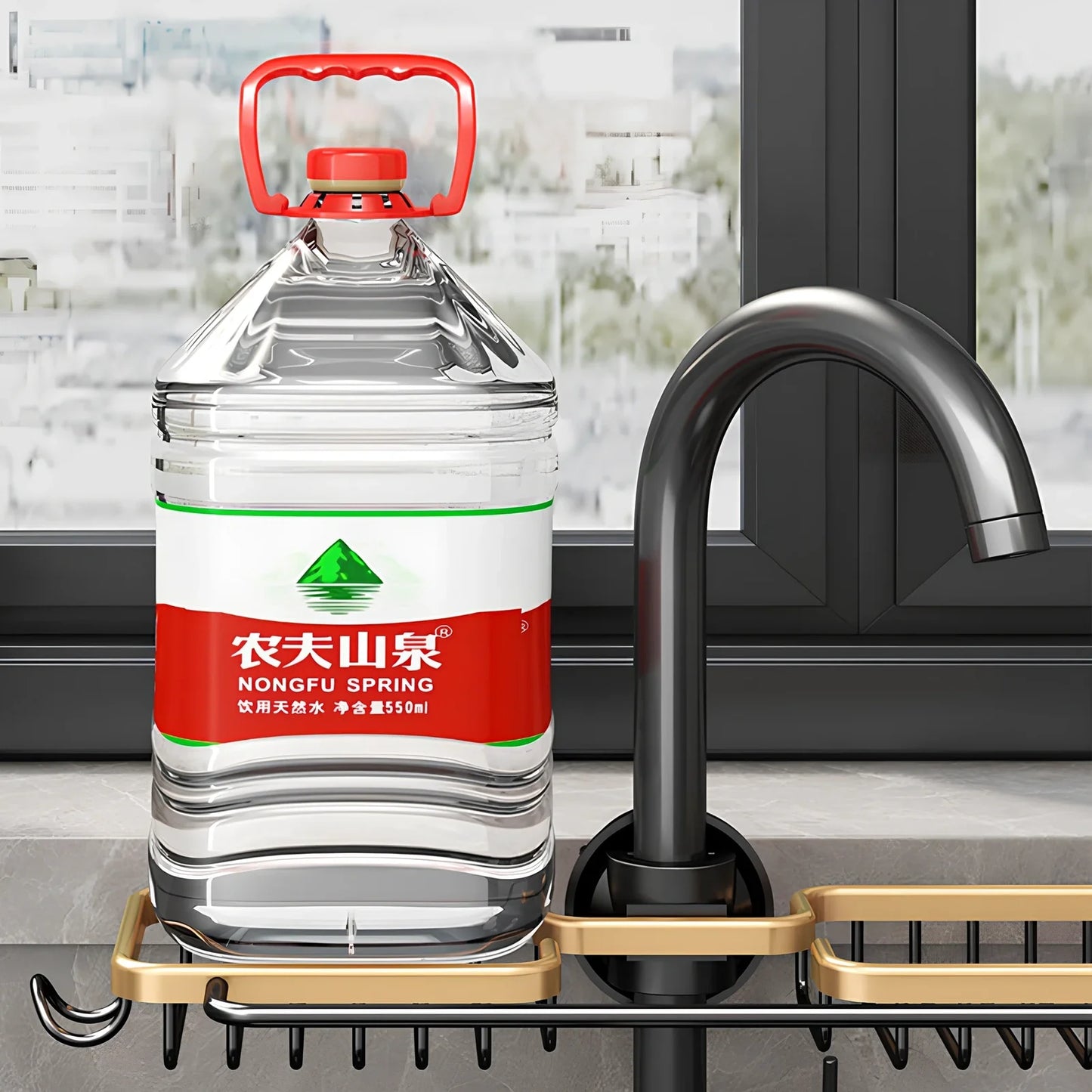 Silver aluminium kitchen storage rack with two tiers and towel rail for utensil organisation