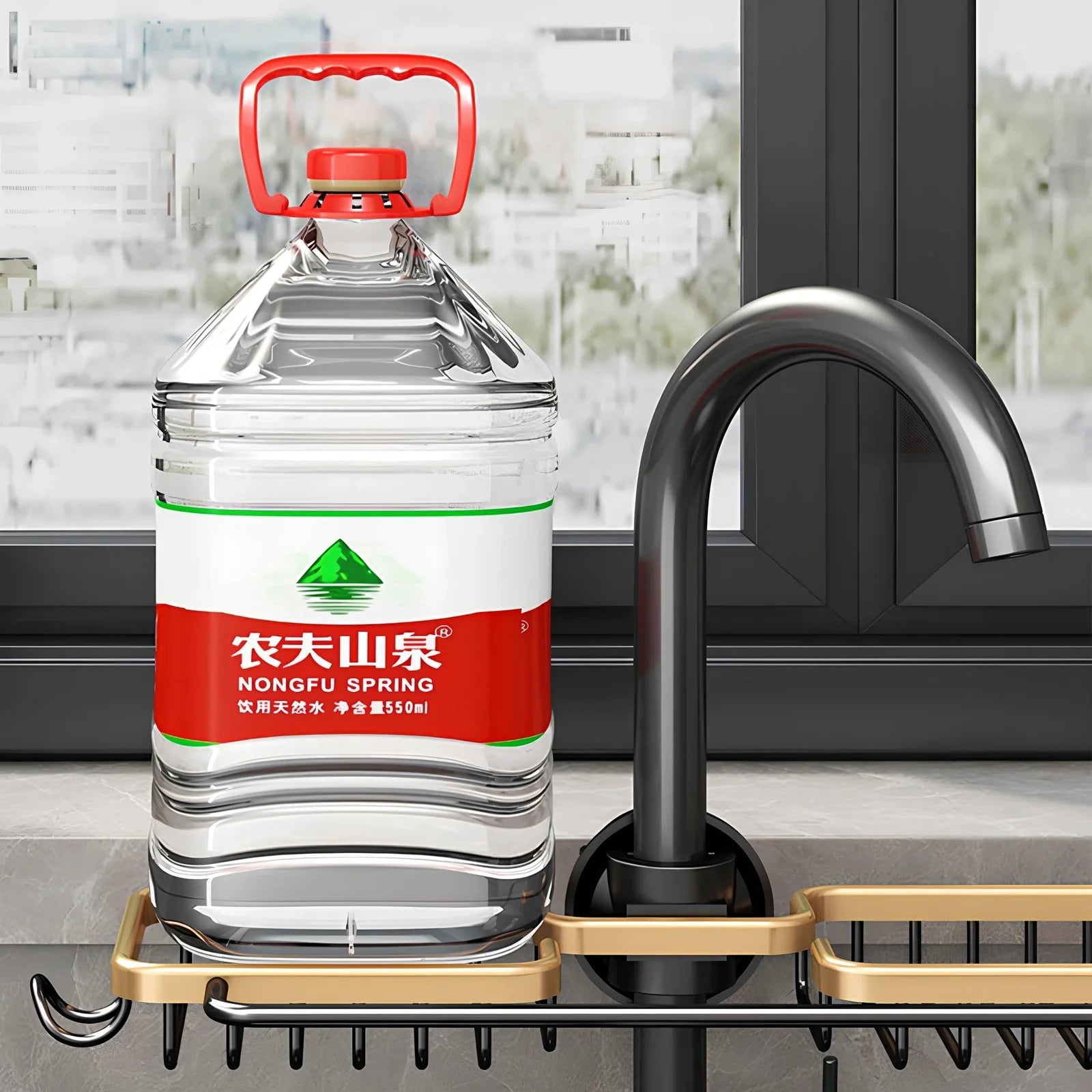 Silver aluminium kitchen storage rack with two tiers and towel rail for utensil organisation