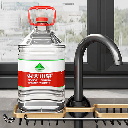 Silver aluminium kitchen storage rack with two tiers and towel rail for utensil organisation