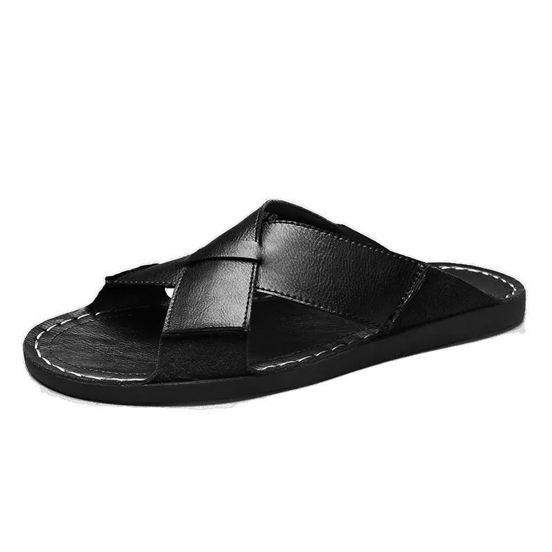 Men's black genuine leather slip-on sandals with rubber sole on a neutral background.