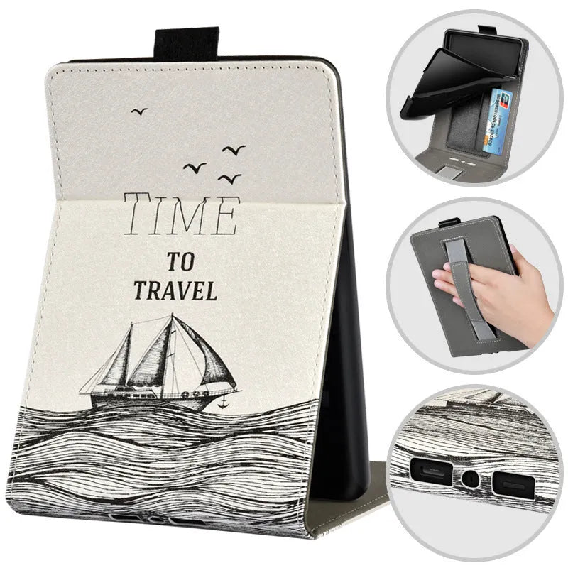 Handheld protective case for 6-inch e-reader in TPU with embossed bracket style, available in colours like black, grey, and designs such as Van Gogh starry sky.