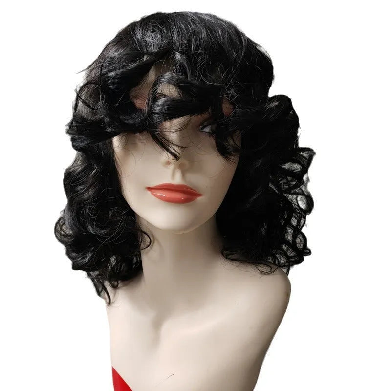 Black synthetic Afro wig with long curly style made from heat dyeable high temperature fibre