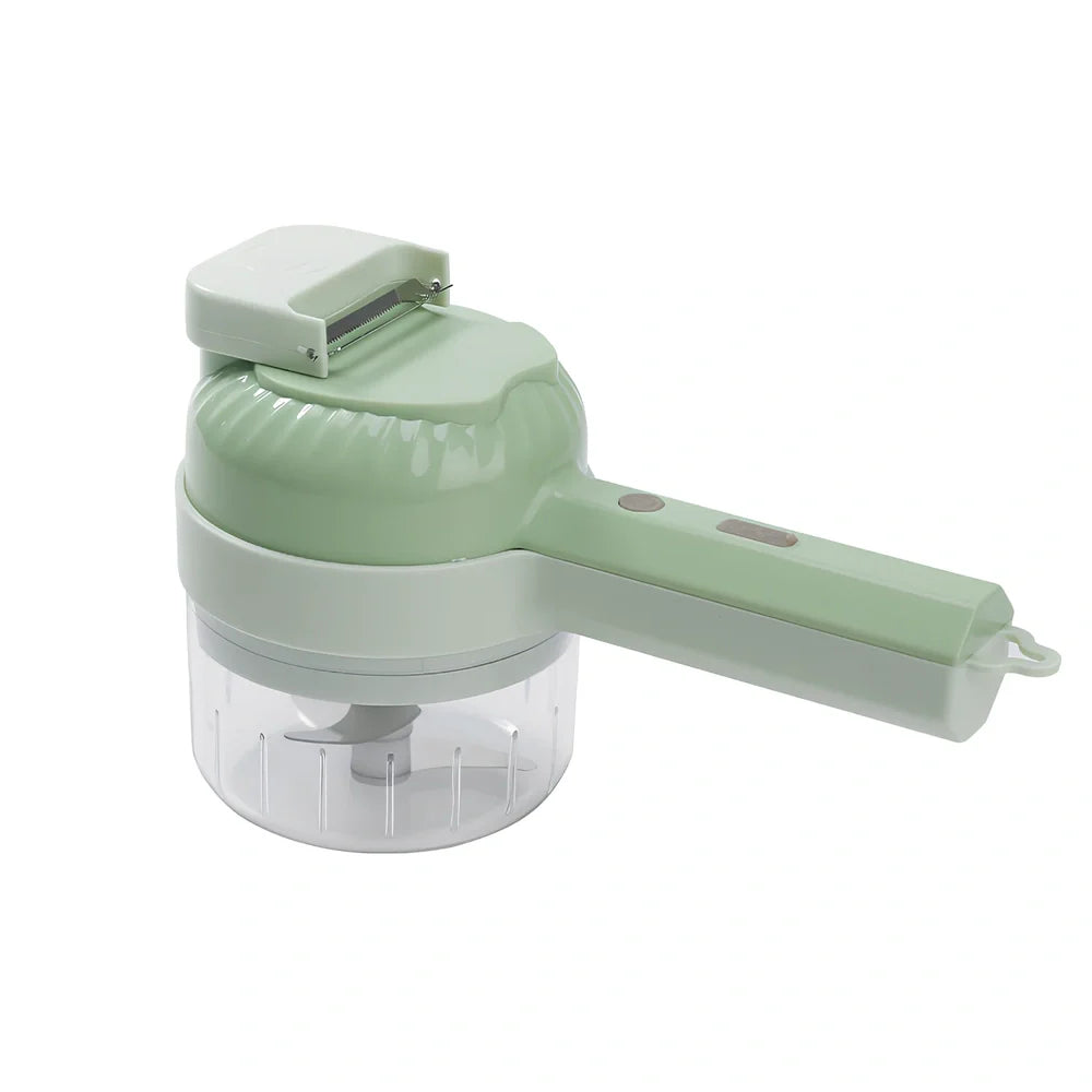 Green wireless vegetable cutter with stainless steel blade and transparent container for food processing