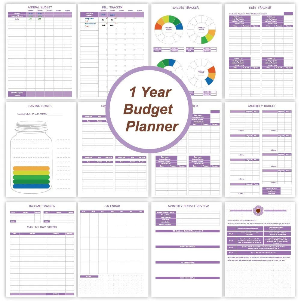 Purple A5 financial planning notebook with coil binding, showing monthly budget layout and included pen with stickers
