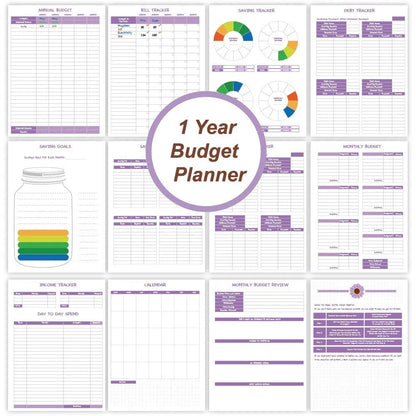 Purple A5 financial planning notebook with coil binding, showing monthly budget layout and included pen with stickers