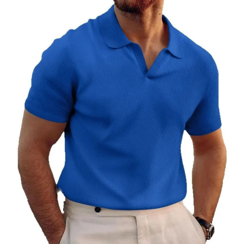 Men's lapel collar waffle knit T-shirt in slim fit, shown in a solid colour.