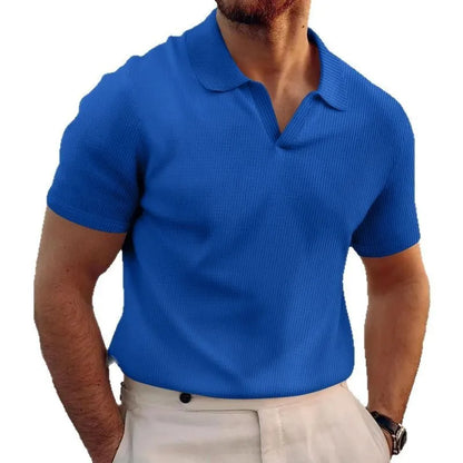 Men's lapel collar waffle knit T-shirt in slim fit, shown in a solid colour.