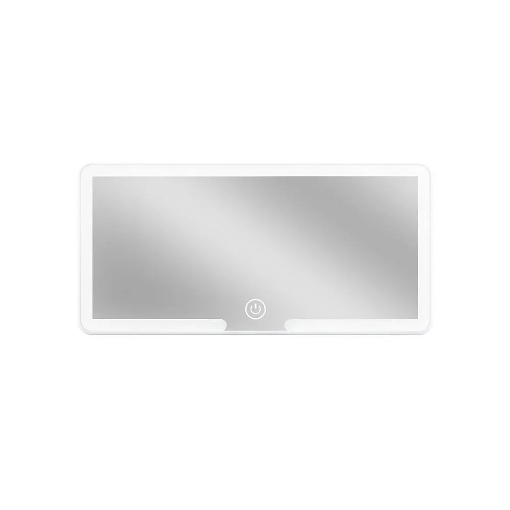 Universal automotive sun visor makeup mirror with LED light and dimming control, 24cm by 11.5cm size.