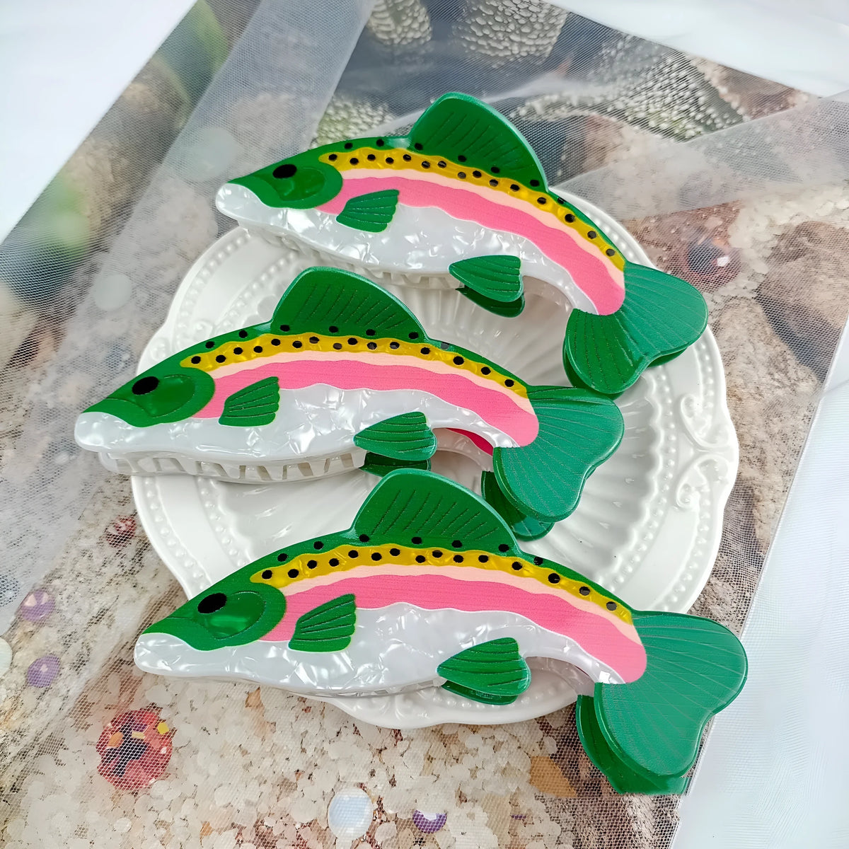 Dark green PVC hair clip with detailed rainbow trout fish design and scale pattern printing
