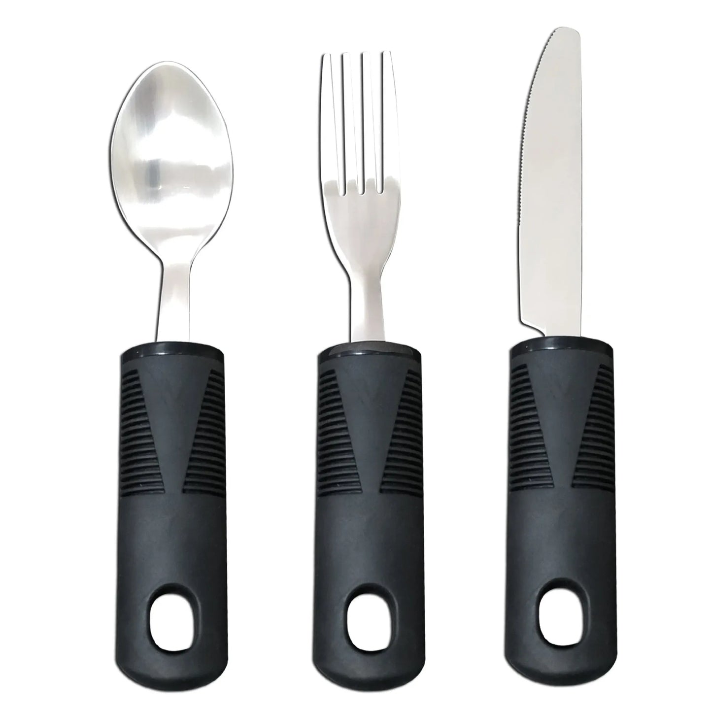 Stainless steel adaptive eating utensils with rubber handles and bendable components for elderly anti-shake support