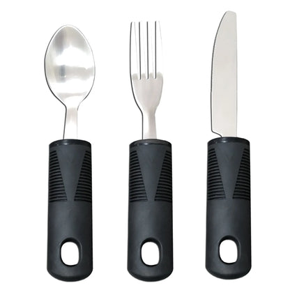 Stainless steel adaptive eating utensils with rubber handles and bendable components for elderly anti-shake support
