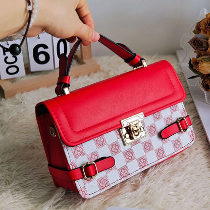 Retro square pattern crossbody bag in apricot colour showing 19.5x7.5x12cm dimensions and adjustable shoulder strap