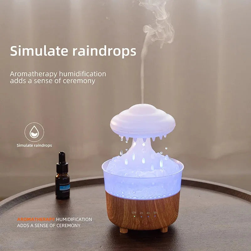 Wood grain cloud-shaped humidifier diffuser with coloured night light and water droplets