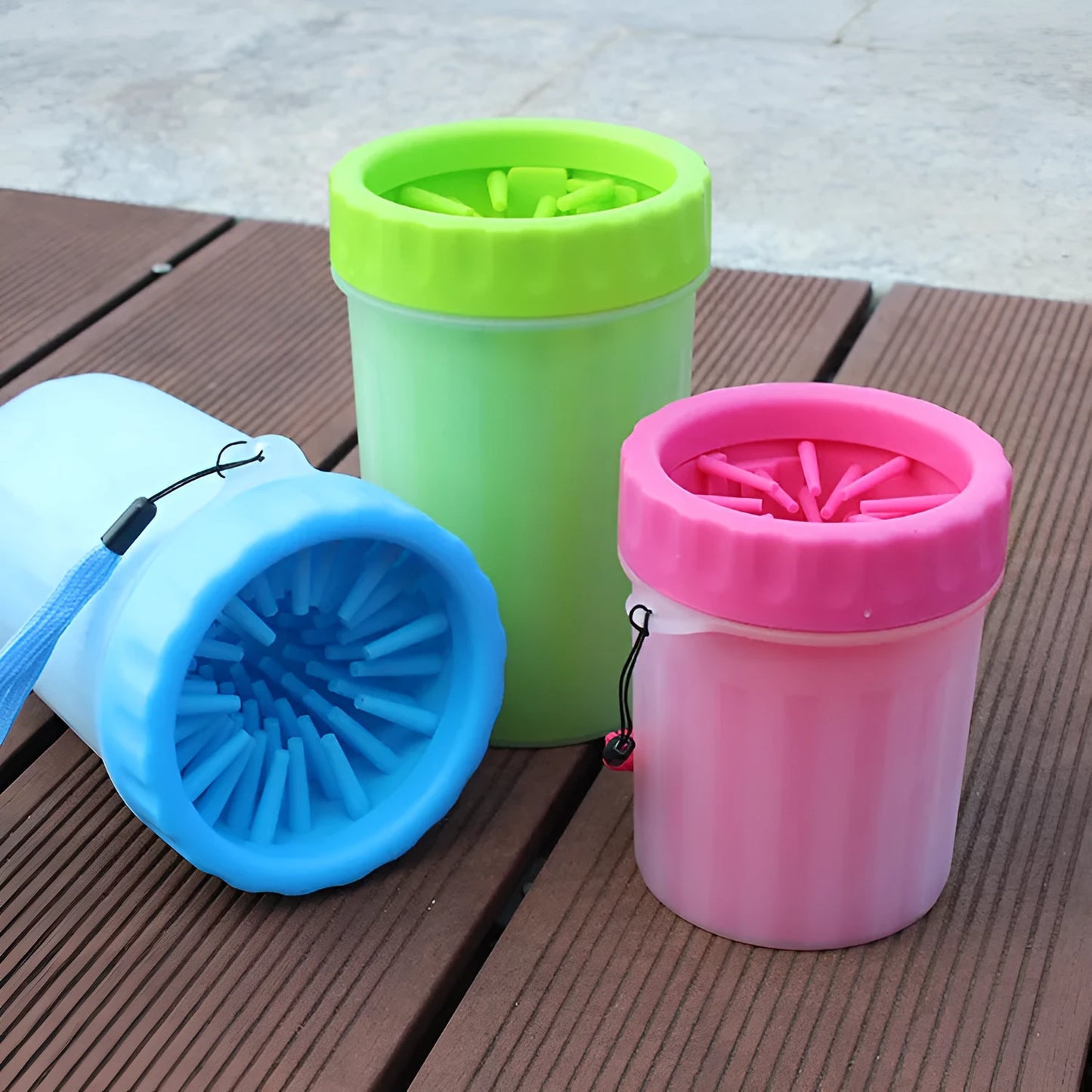 Blue silicone and PP portable dog foot wash barrel for cleaning pet paws.