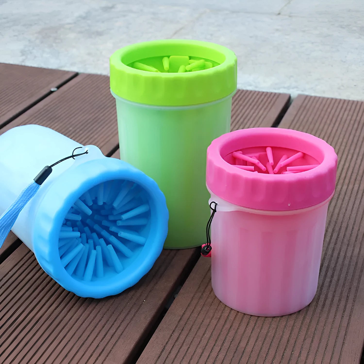 Blue silicone and PP portable dog foot wash barrel for cleaning pet paws.