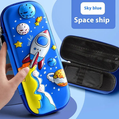 Leather 3D pencil case showing design themes: dinosaur, astronaut, mermaid, unicorn, and spaceship.