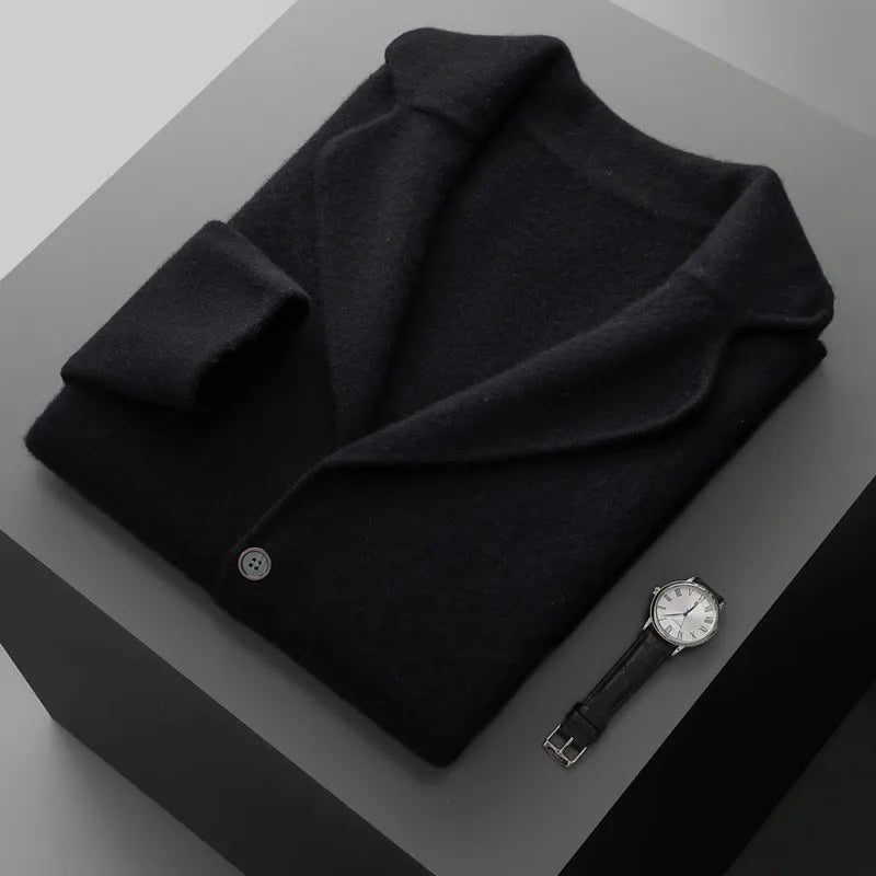 Men's cashmere blend lapel cardigan sweater in light grey showing loose fit and thickened knit construction