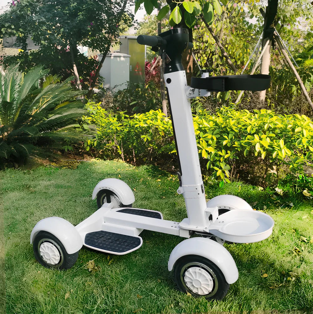White four-wheel electric golf scooter with folding mechanism and aluminium alloy frame