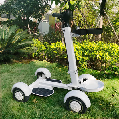White four-wheel electric golf scooter with folding mechanism and aluminium alloy frame