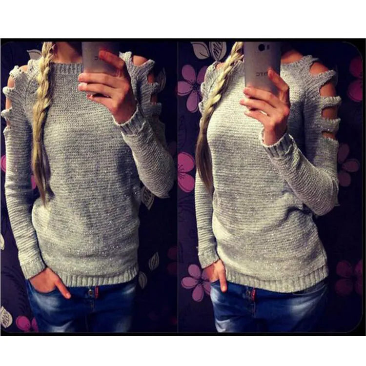 Women's solid colour knitted shirt with hollow-out crochet detailing, long sleeves, and round neck in white or grey