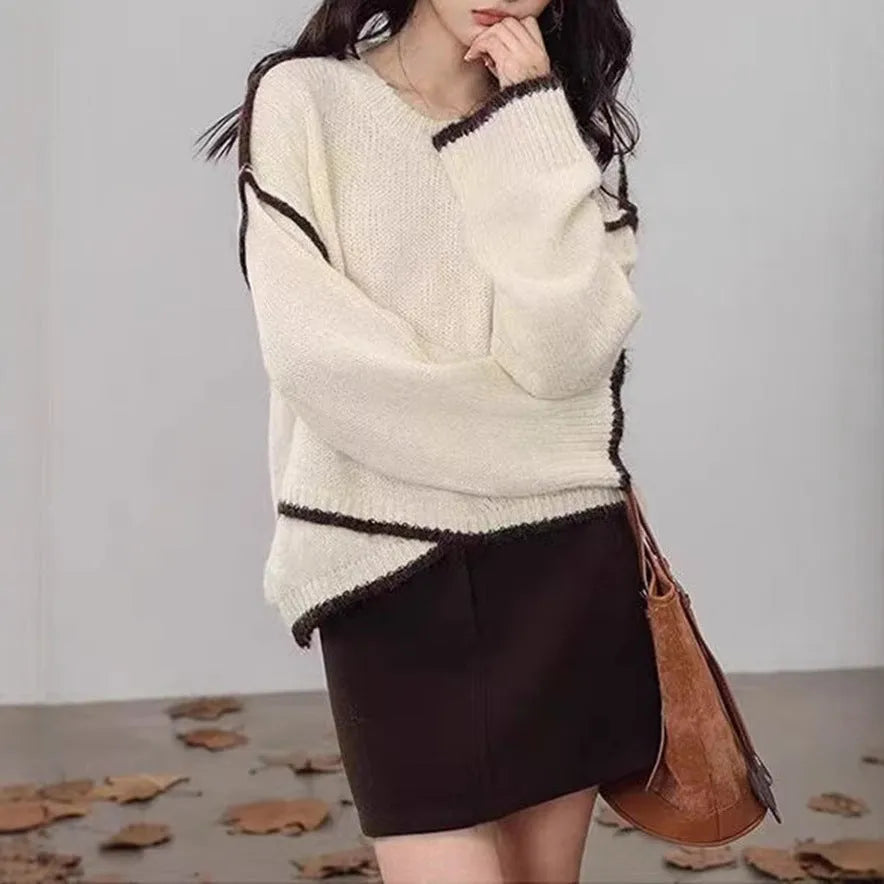 Women's loose cotton pullover sweater in gray or milky white with regular sleeves, free size