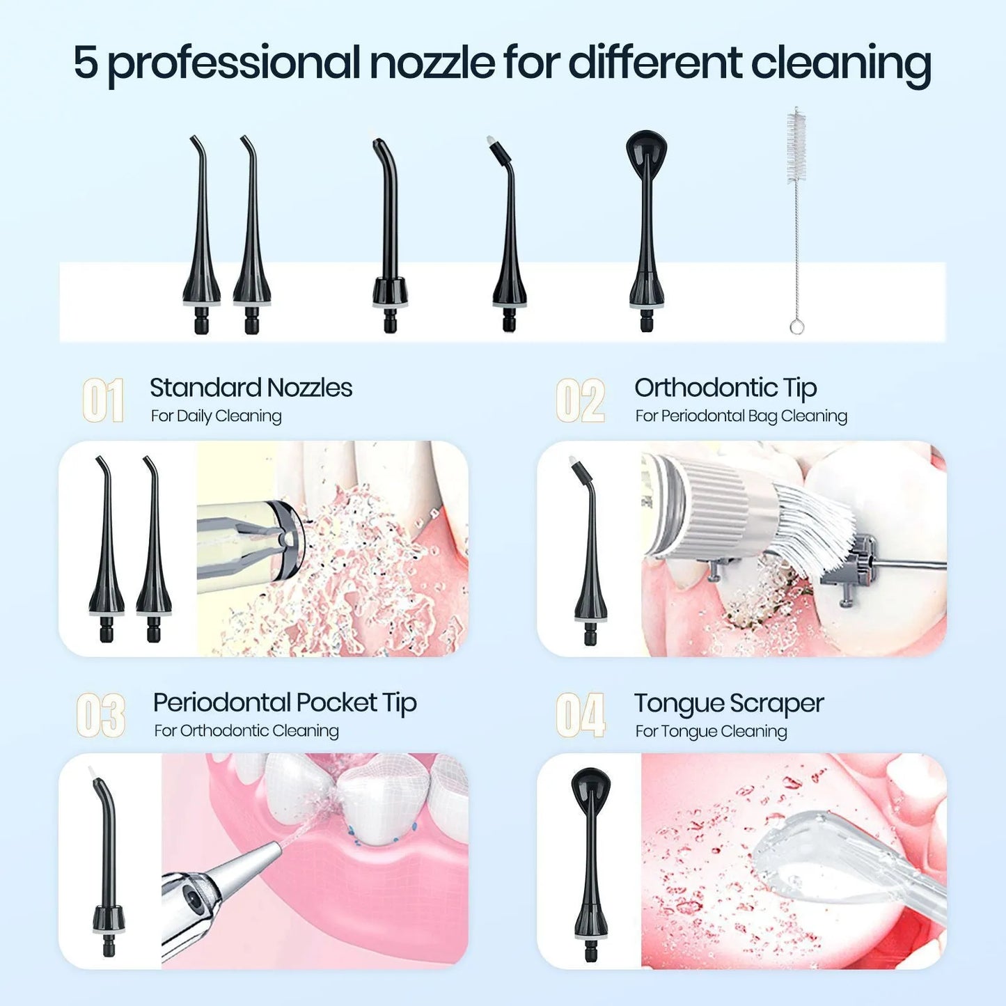 Black ProOral Mornwell portable oral irrigator water flosser with nozzle.