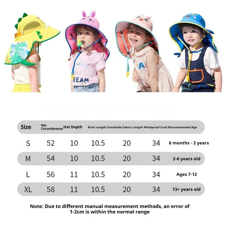 Yellow dinosaur pattern children's sun hat with wide brim for UV protection