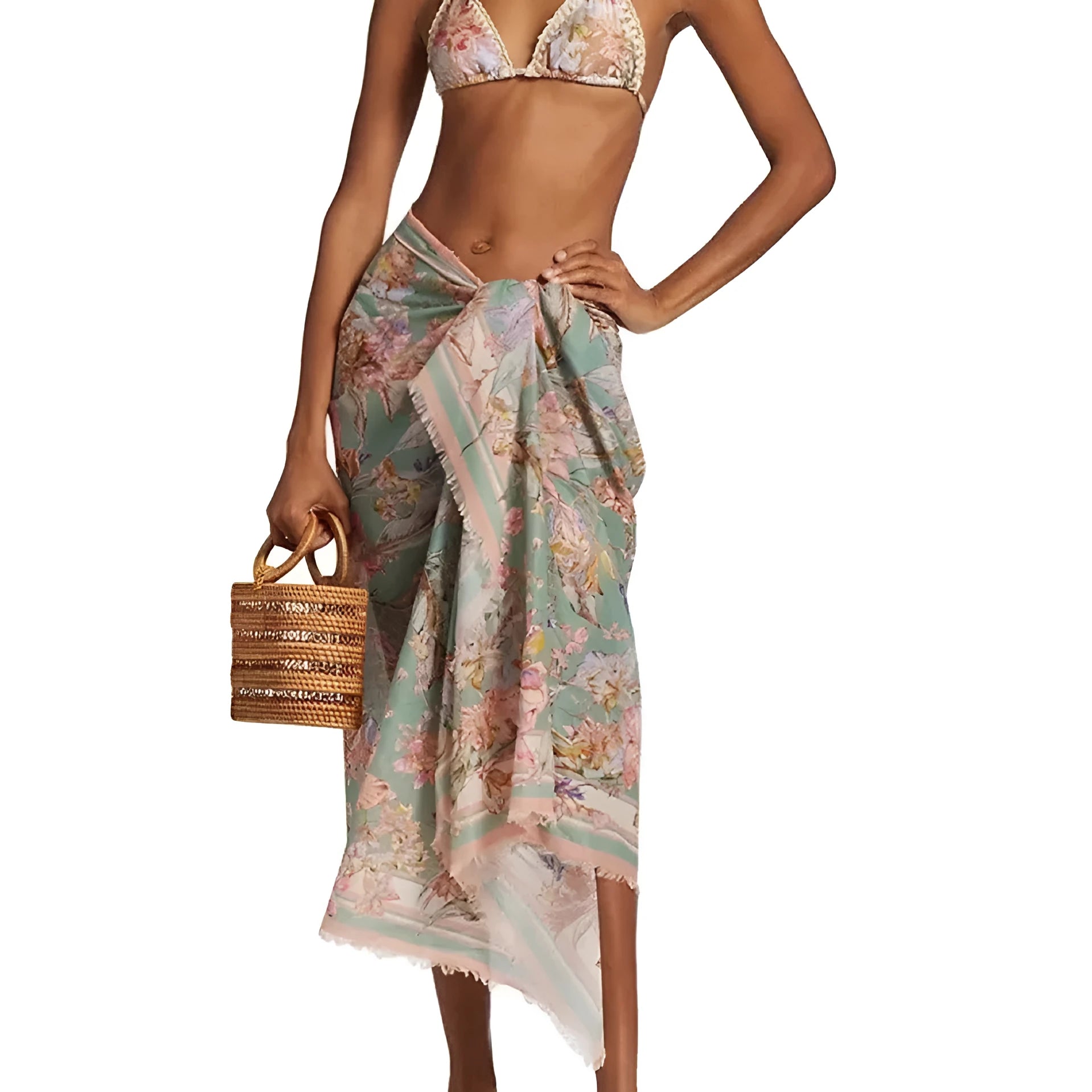 Women's creamy-white floral bikini set with detachable skirt for beach and pool use