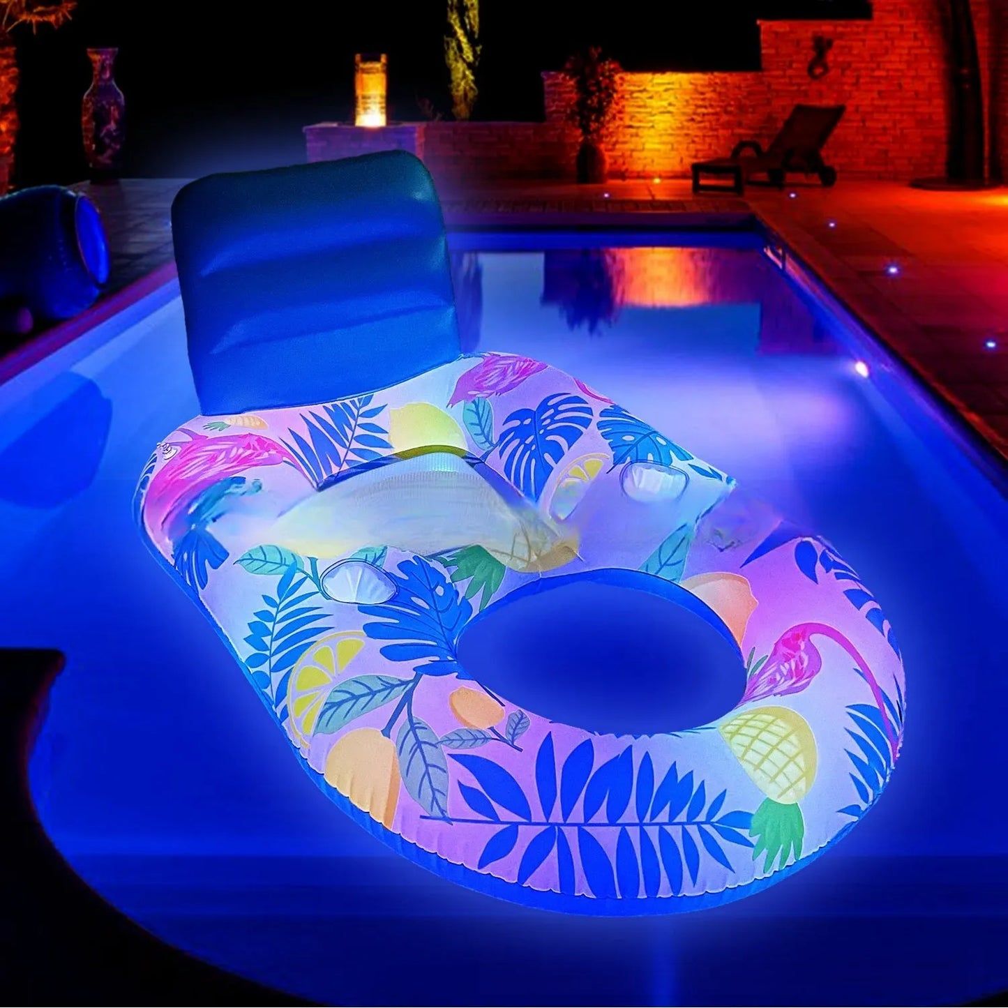 Large white inflatable pool floating bed with integrated backrest recliner on blue water