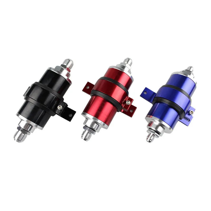 Aluminium petrol filter bracket in choice of six colours: black, silver, blue, red, gold, purple.
