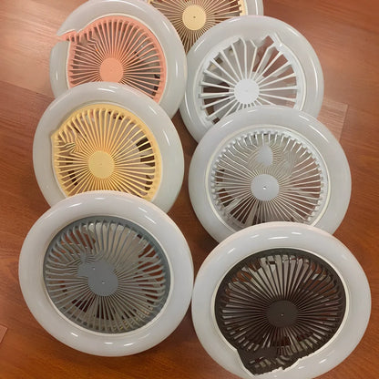 26cm round white ceiling fan with plastic blades and integrated LED light, remote control