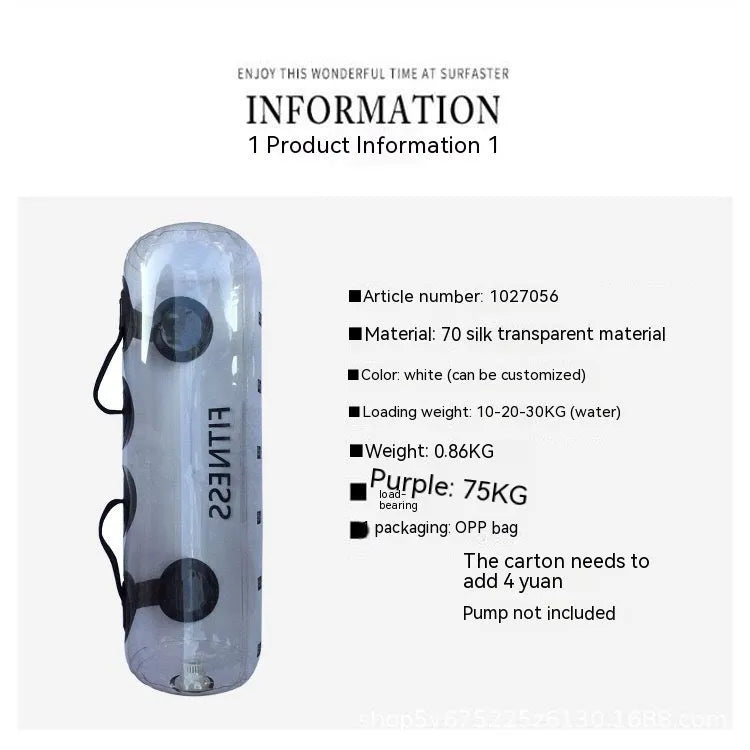 Transparent PVC inflatable water bag dumbbell for adjustable weight training.