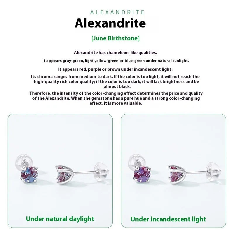 925 silver cultivate alexandrite geometric ear studs with 8mm round stone for women