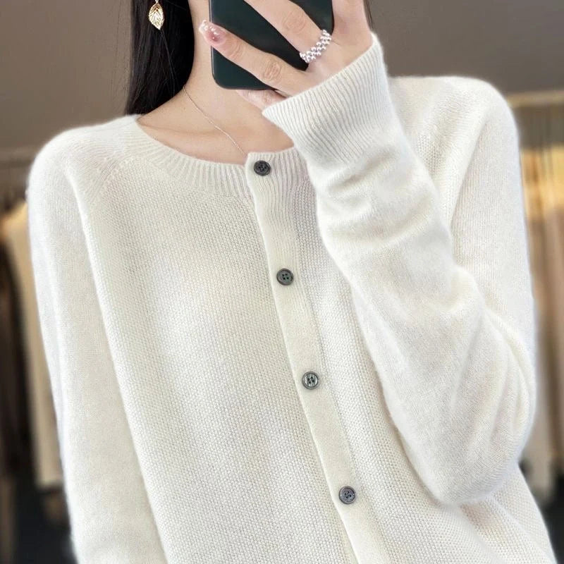 Stylish and comfortable Merino wool cardigan sweater for women in a variety of chic colors