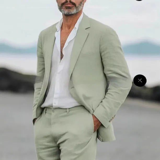 Men's beige linen blend slim fit two-piece suit for business and formal occasions