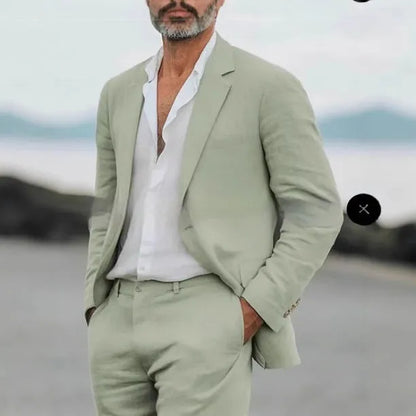 Men's beige linen blend slim fit two-piece suit for business and formal occasions