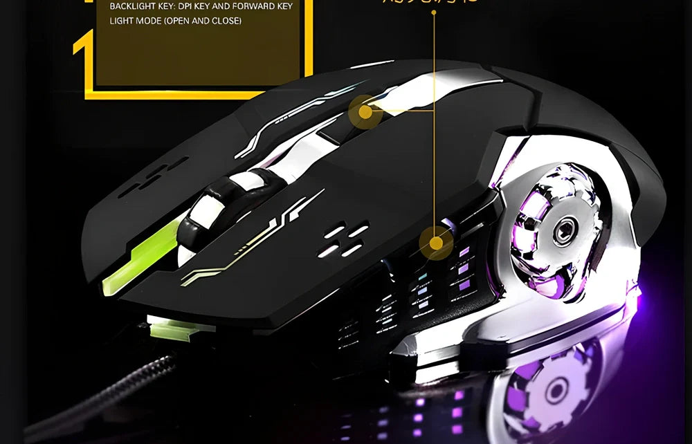 Black FV-502 mechanical gaming mouse with 7-colour breathing backlight and adjustable DPI settings