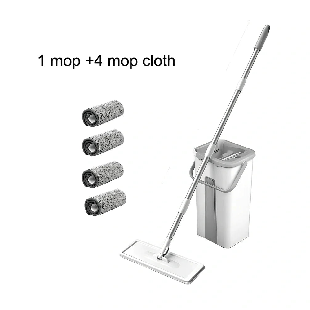 Rotating floor squeeze mop with microfiber head and flat bucket for home cleaning
