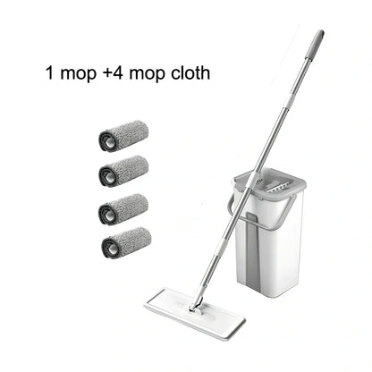 Rotating floor squeeze mop with microfiber head and flat bucket for home cleaning