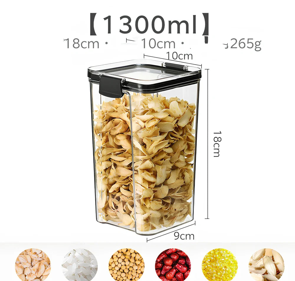 Square clear kitchen storage jar box for pantry organisation with cereals visible inside