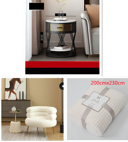 Round coffee table with slate surface and metal frame, featuring integrated storage compartment