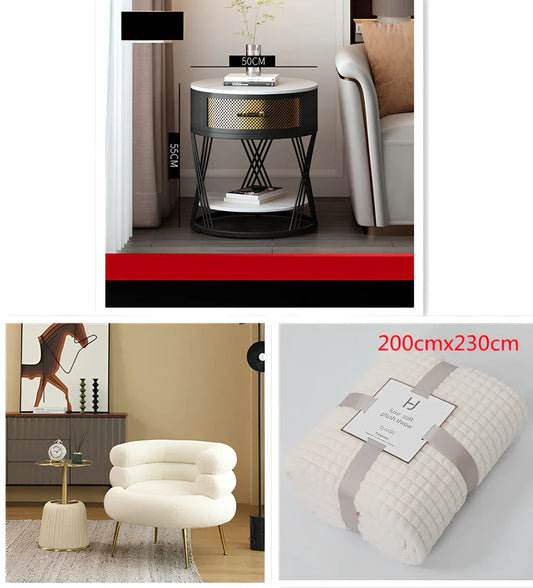 Round coffee table with slate surface and metal frame, featuring integrated storage compartment