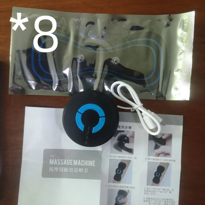 Black HQ-185 mini electric shoulder and neck massager with massage patch, showing compact 15cm size.