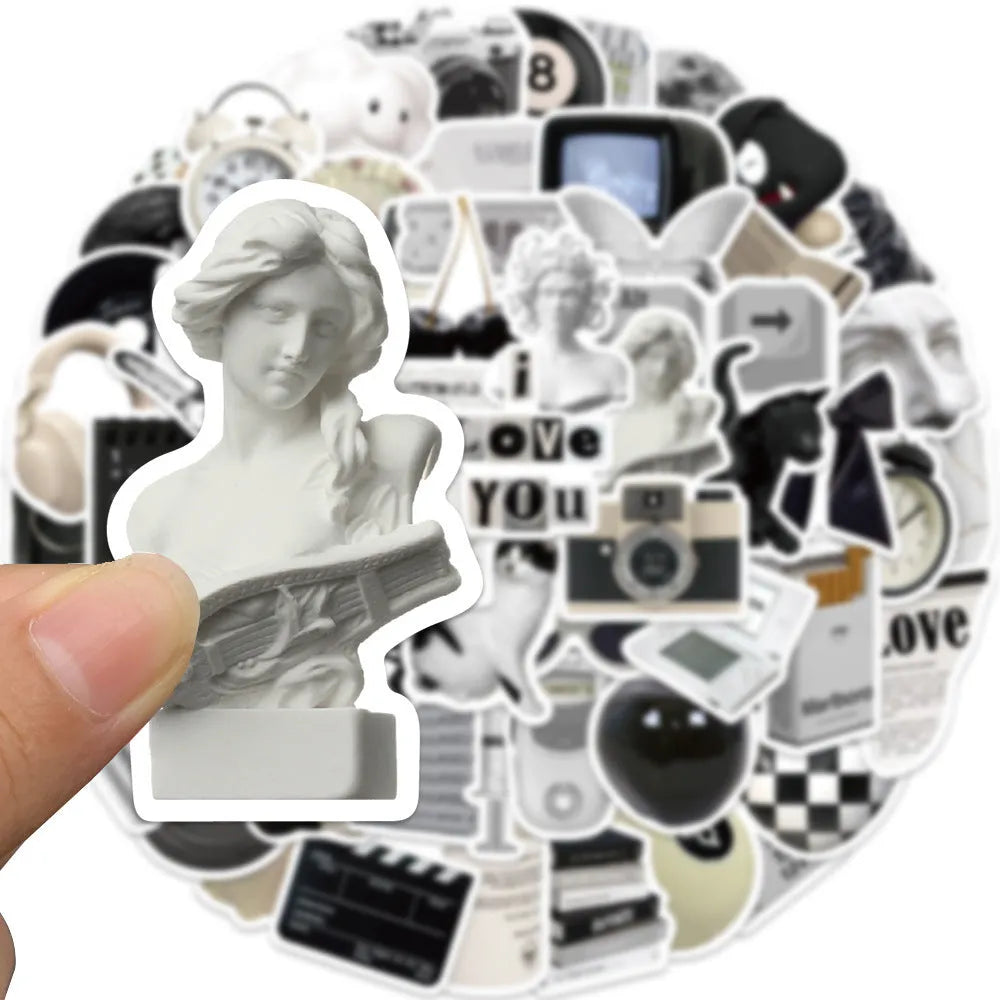 Black and white PVC sticker collection with 61 pieces for laptop and device customisation and protection