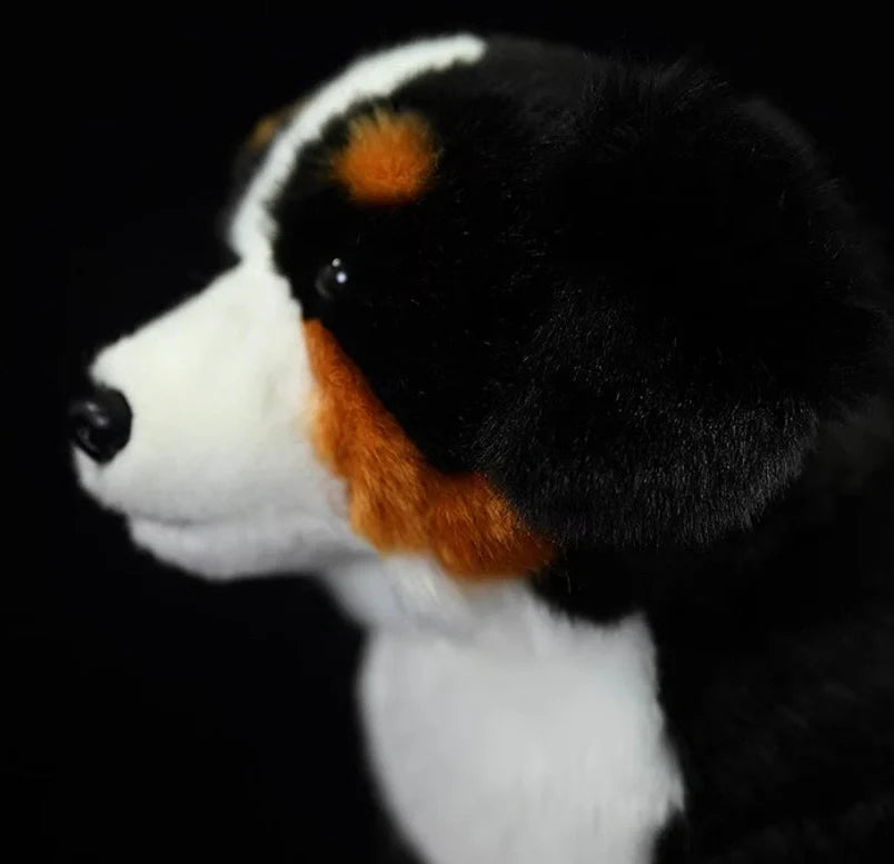 Black Bernese Mountain Dog plush toy showing 29cm length and accurate breed proportions