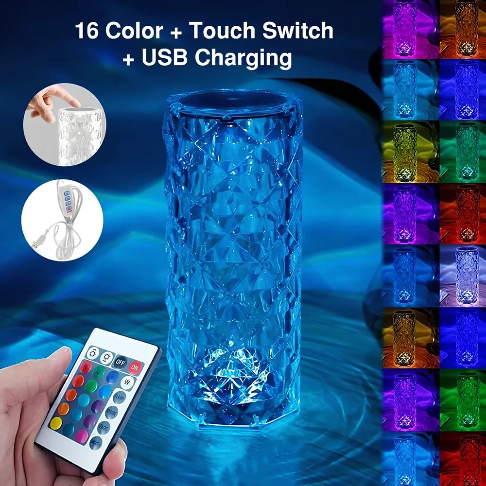 LED crystal table lamp showing 16 colour options with touch controls and remote, measuring 15.8cm high