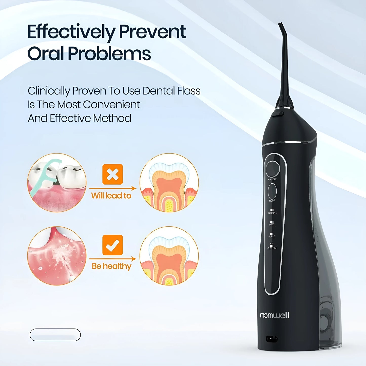 Black ProOral Mornwell portable oral irrigator water flosser with nozzle.