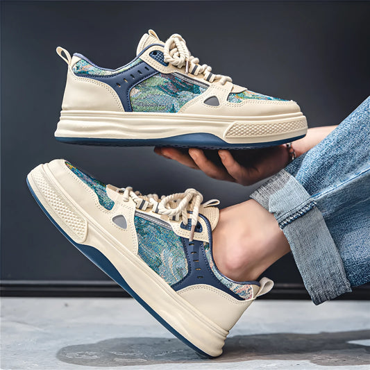 Men's flat-heel canvas casual shoes in Milan green and beige colour options.